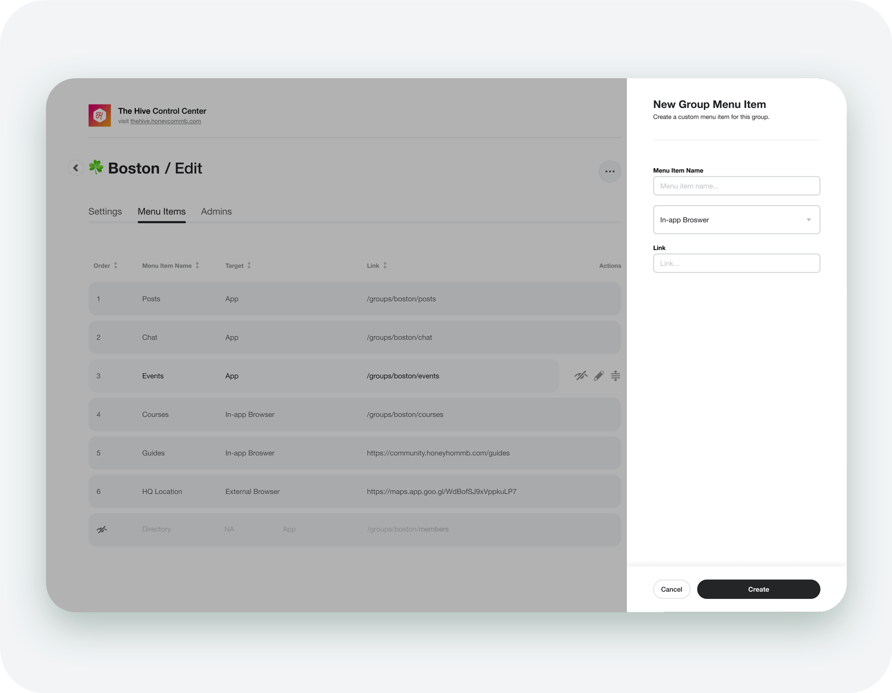 New Group Menu Item drawer with name, destination type, link, and Create controls.