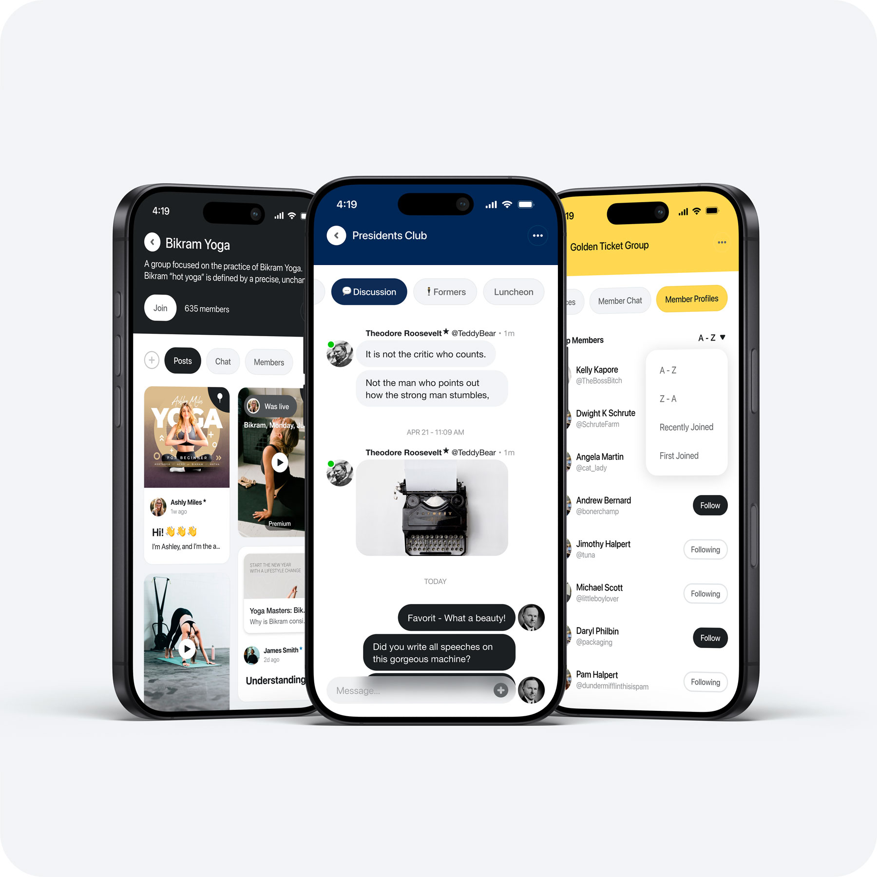 Group chat on web with dated conversations, media, replies, and message input.